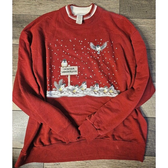 Nature's Garden by Morning Sun Grannycore Winter Snow Bird Sweater Size L - Picture 2 of 3
